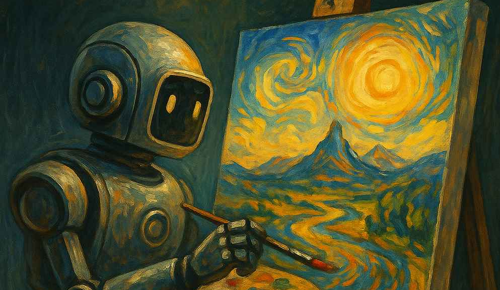 ربات در حال نقاشی به سبک هنری، نمادی از خلاقیت تصویری در هوش مصنوعی Midjourney