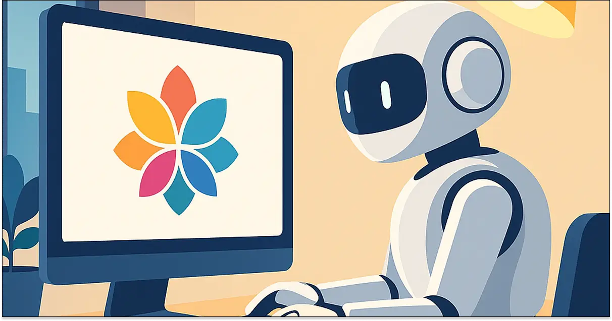 ربات در حال طراحی لوگو با هوش مصنوعی در محیط کاری مدرن - تصویر مقاله کسب درآمد از هوش مصنوعی در سایت GPTyar